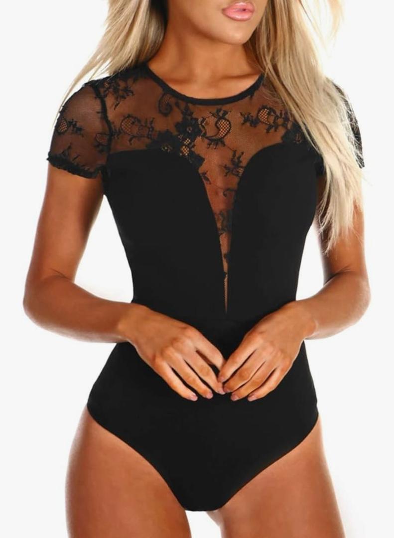 SEBOWEL Women Long Sleeves Mesh See Through Jumpsuit Bodysuit Top Leotard, XXL