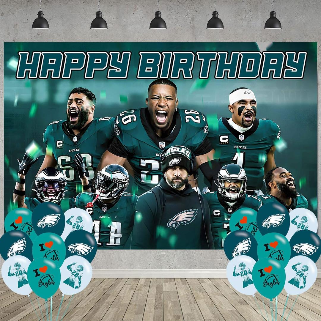 American Football Birthday Party Decoration,Photo Background 5 x 3 FT, 18 Pcs Balloons,Philadelphia Merch Party Backdrop Supplies