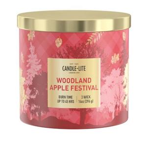 Candle-lite 14 oz jar candle features a Woodland Apple Festival scent.