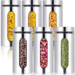 Mimorou 6 Pack Kitchen Canisters Set Airtight Coffee Sugar Tea Candy Storage Jars with Window Glass Stainless Steel Containers with Lids for Flour Cookies Spices Grains Kitchen Decorations(44 oz) (silver)