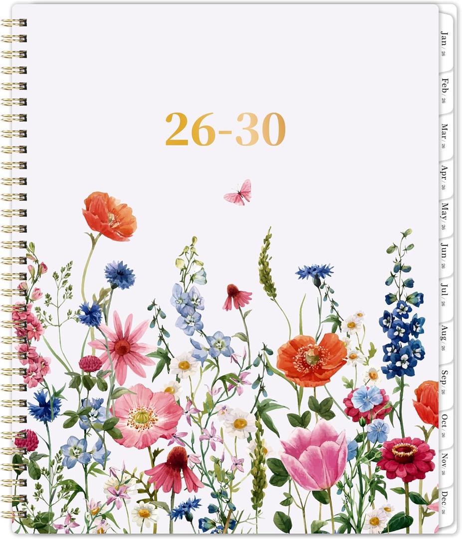 2026-2030 Monthly Planner - 5 Year Planner/Calendar, 2026-2030 Monthly Calendar Planners Spiral Bound, Jan. 2026 - Dec. 2030, 9" x 11", Twin-Wire Binding + Tabs + Pocket - Flowers (white)