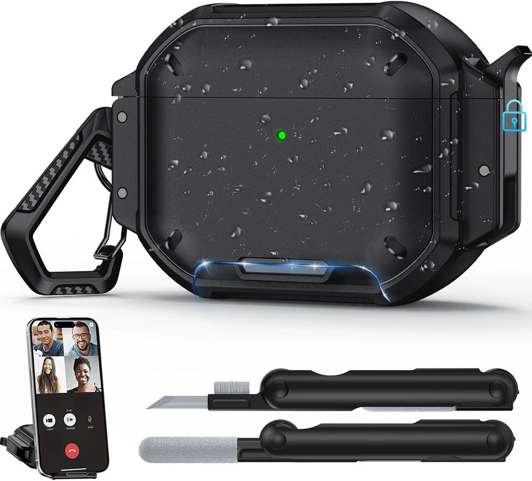 for AirPods Pro 3 Case IPX8 Waterproof with Safety Lock & Phone Stand, Rugged Tough Hard Shell Case for AirPods Pro 3rd Genertation 2025 Cover with Cleaner & Keychain, Poweful Drop Protection (Black)