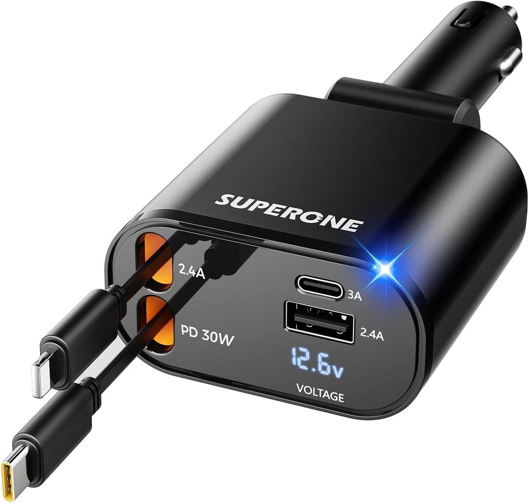 Upgraded SUPERONE Retractable Car Charger 4 in 1, Fast Car Phone Charger with Cord 2.6ft, USB C and Apple Car Adapter, Compatible with iPhone 17 16 15/15 Pro Max/14/13/12/11, Galaxy, Pixel