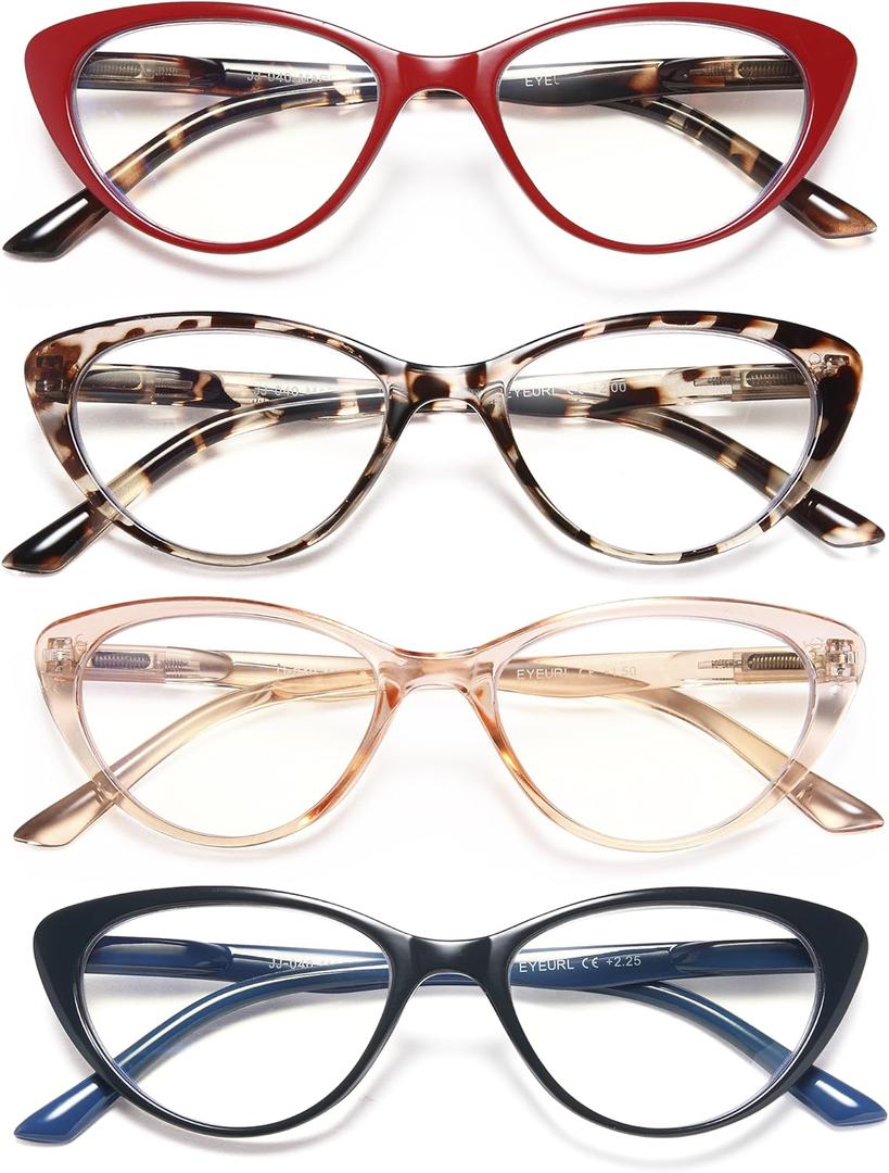 EYEURL 4-Pack Cat Eye Reading Glasses for Women- Blue Light Blocking Readers with Spring Hinges,Anti-Glare/UV Rays Reading Glasses, +2.5