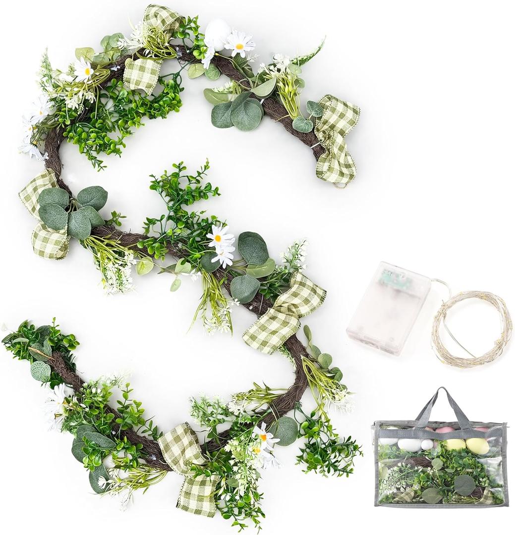 6ft Spring Garland Decorations, 2-in-1 SpringGarland-to-Wreath for Mantel, Fireplace with 18 Pastel Eggs, LED Lights and Storage Bag, Spring Decor for Front Door, Window, Table, Entryway
