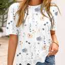LOLONG Womens Short Sleeve Printed Tops Summer 2026 Crew Neck Color Block Casual Blouses (White, L)