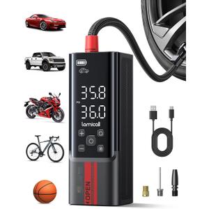 Lamicall Portable Car Tire Inflator - Air Compressor [150 PSI] [4X Faster] Cordless Car Air Pump Rechargeable, Pressure Gauge Display, LED Light, for Cars, Motorcycles, Bike, Wheels Accessories Gifts