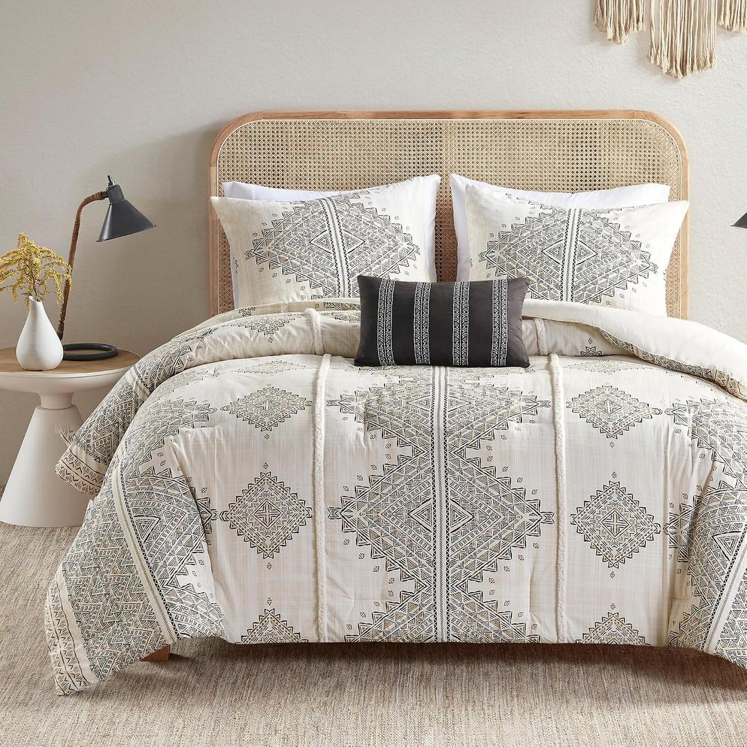 Madison Park King Comforter Set, Boho Comforters with Chenille Trims, All Seasons, Microfiber Bedding, Pillow & Shams, Ibiza, Cal King, Black/Ivory 4 Piece