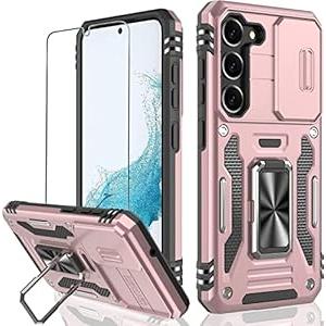 WRJ Case for Samsung Galaxy S23 Plus with Slide Camera Cover and Screen Protector, Military Grade Cover [Rotated Ring Kickstand] Heavy Duty Shockproof Protective Case-Rose Gold