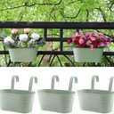 Meltset 3 Pack Metal Iron Hanging Flower Pot, Oval Railing Fence Garden Balcony Planter Pots, Metal Bucket Flower Holders for Wall Indoor Outdoor Home Dcor, Green
