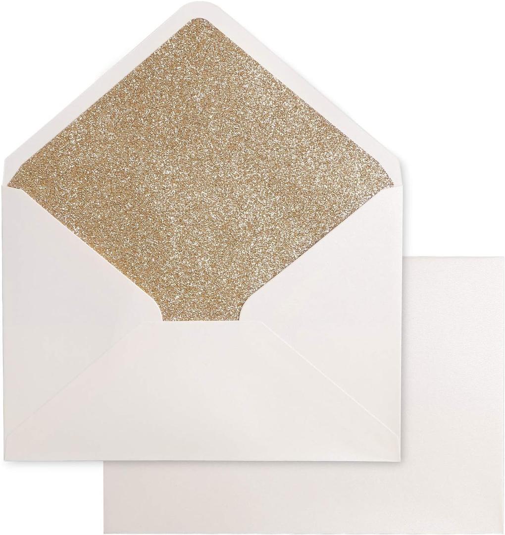 PONATIA 50 Pieces/Lot A7 Envelopes, 5.25 x 7.5'' Gold Glitter Shinny Envelopes, Perfect for 5x7'' Weddings, Invitation Cards,Graduation Invite (Shiny Ivory+Gold Glitter)