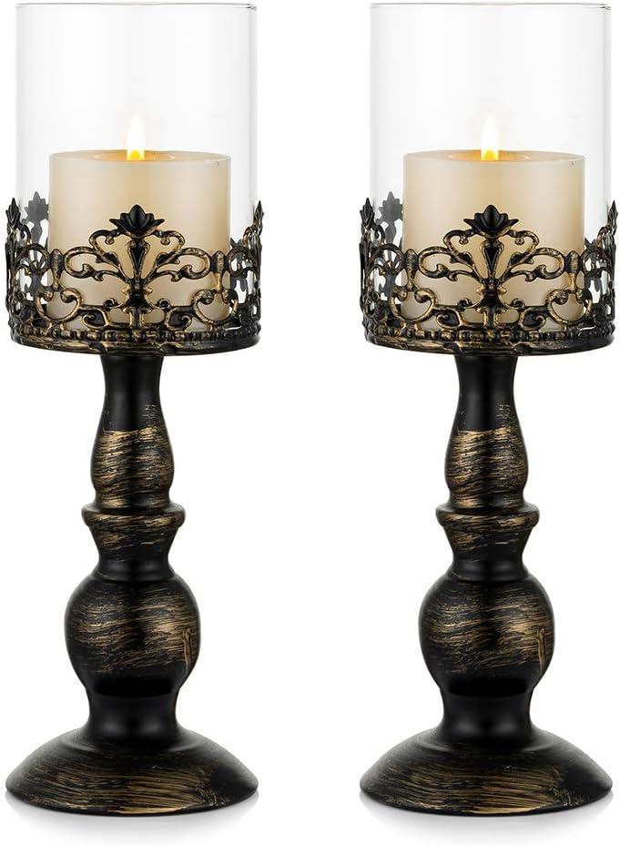 Sziqiqi Vintage Distressed Black Hurricane Candle Holders 2pcs, Versatile Metallic Pedestal Glass Floral Centerpiece Base for Wedding Party Home Decoration Fireplace Mantel Decoration 33cm/13in (L-2pcs)