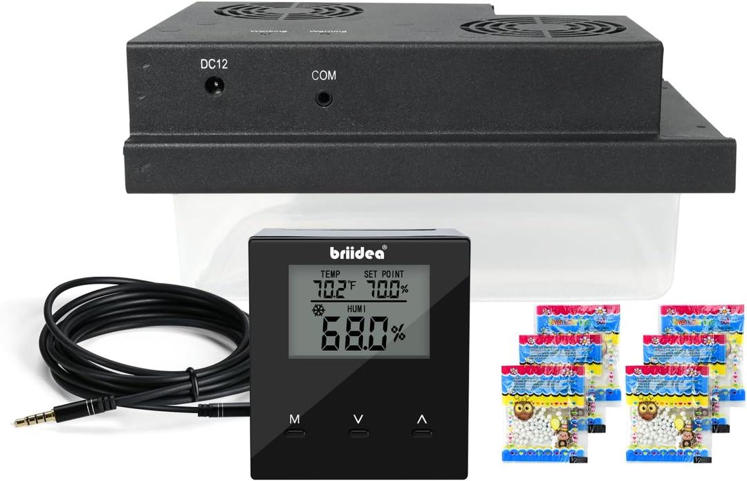 Briidea Electric Humidifiers for Cabinet (1-8 Cubic Ft.), 30% RH~80% RH Humidity Setting Values, Perfect Monitoring Temperature and Humidity, 12V Adapter Power Supply