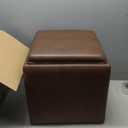 HomePop Home Decor Storage Ottoman with Tray Top|Upholstered Modern Square Storage Ottoman with Storage for Living Room & Bedroom, Brown Faux Leather