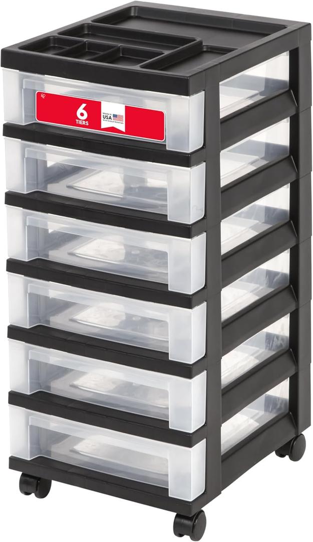 IRIS USA Plastic Drawer Storage Organizer Rolling Cart, with Wheels Casters, 6-Drawers, for Classroom Art Craft Supplies Dresser Closet Bathroom Laundry Room, Black/Clear
