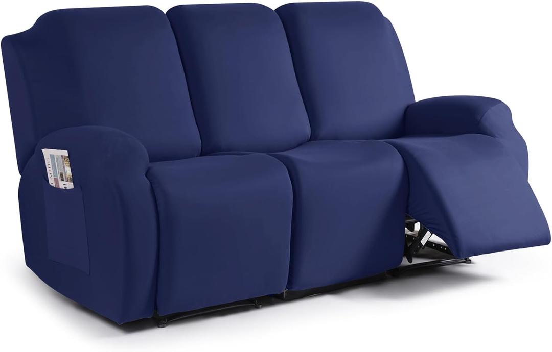 TAOCOCO Recliner Sofa Slipcover, 3 Pieces Polyester Fabric Stretch Sofa Covers for 3 Seat Reclining Couch, Soft Washable Furniture Protector with Pockets (3 Seat, Dark Blue)