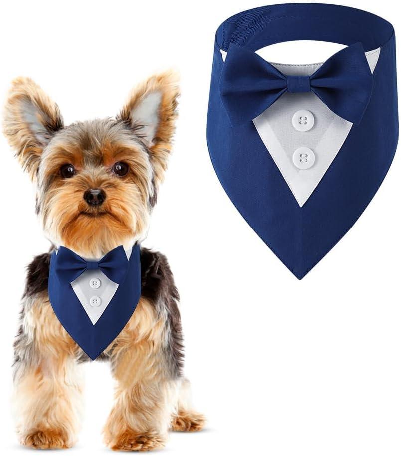 Dog Wedding Bandana, Formal Dog Tuxedo Adjustable Pet Collar with Bow,  Wedding Clothing, Birthday Gifts for Dogs (Medium, Blue)