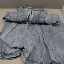 Women's Denim Romper Casual Summer Sleeveless Jean Romper Tie Front V Neck Ruffle Jean Short Overall With Pockets (Blue, L)