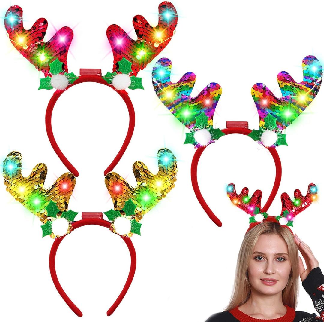 AMENON 3 Pack Christmas Light Up Christmas Headband, LED Reindeer Headwear Accessories Party Supplies for Adult