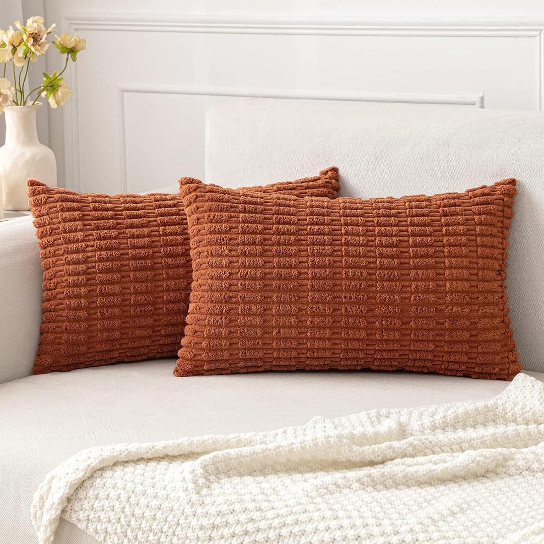 MIULEE Pack of 2 Rust Corduroy Decorative Lumbar Pillow Covers 20x12 Inch Soft Boho Striped Throw Pillow Covers Modern Farmhouse Home Decor for Summer Sofa Living Room Couch Bed