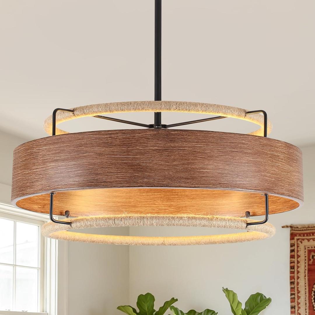 24" Farmhouse Rattan Chandelier, 4-Lights Large Boho Wood Texture Chandelier, Adjustable Rustic Hanging Light Fixtures for Dining Room Kitchen Island Living Room Bedroom Hallway