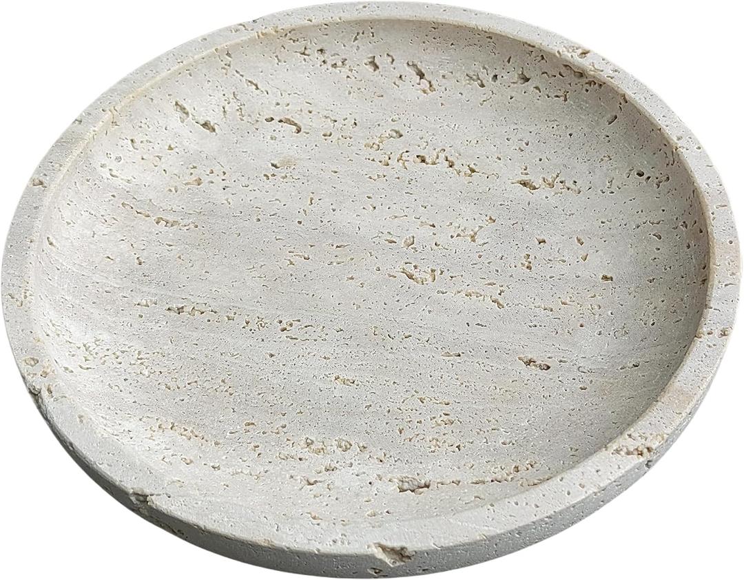 Natural Travertine Round Decorative Tray - 8-inch Beige Stone Vanity Bowl, Anti-Slip Organizer Plate for Bathroom, Kitchen, Home Dcor, Candles, Jewelry Display, 3/4-inch Height