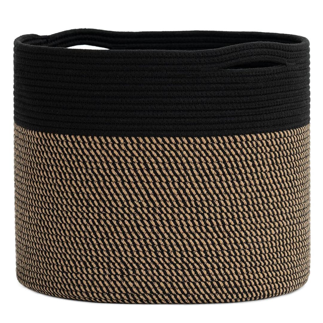 Goodpick Woven Rope Storage Basket, Blanket Basket for Towel, Shoe, Clothes, Large Toy Storage for Playroom, Living Room, Nursery, Toy Bin, Black (15.8x15.8x13.8 Inch (Pack of 1), Black & Mix Jute)