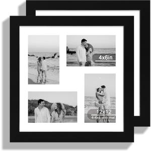 12x12 Picture Frame Set of 2, Black Wood Frame with Glass Collage Frame, Display Pictures 4-4x6 With Mat or 12 x 12 Without Mat, Square Photo Frames Collage for Wall Hanging or Tabletop