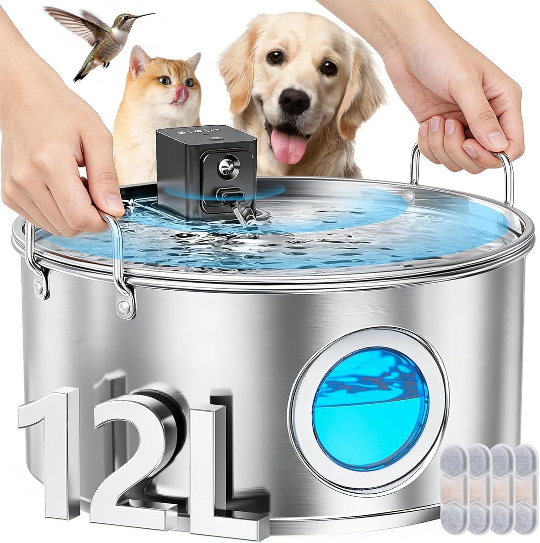 3.4Gal Wireless Automatic Dog Water Fountain for Large Dogs12L Stainless Steel 3 Modes Dog Fountain Water Bowl Dispenser, Multi Large Pet Water Fountain Ultra Quiet & Multi-Filteration (Silver)