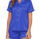 HALCYEEN Easy Care Women's Satin Pajama Set - 2 Piece Short Sleeve Sleepwear, Wrinkle-Resistant Loungewear(Rpyal Blue,M) (M)