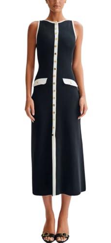 ELFTOWN Women's Summer Sleeveless Single Breasted Knit Maxi Dress Slit Crew Neck Long Sweater Bodycon Dress (X-Large, Black)