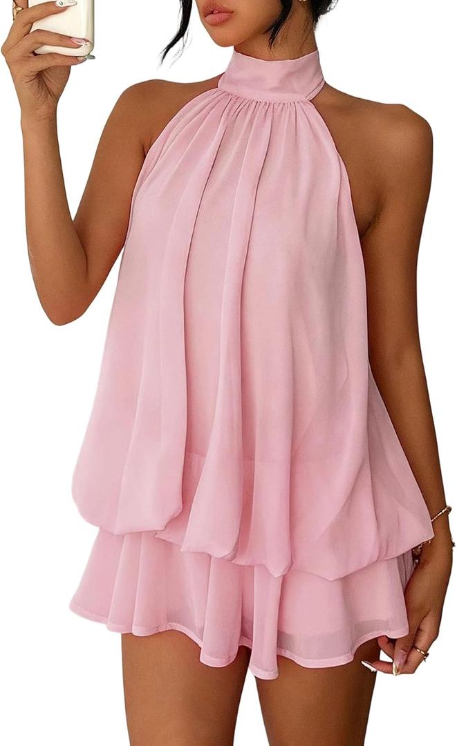 Geulis Women's 2026 Summer Halter Dresses Sleeveless Backless Layered Sundresses Mesh Ruffle Mini Dress Beach Wear (Pink, L)