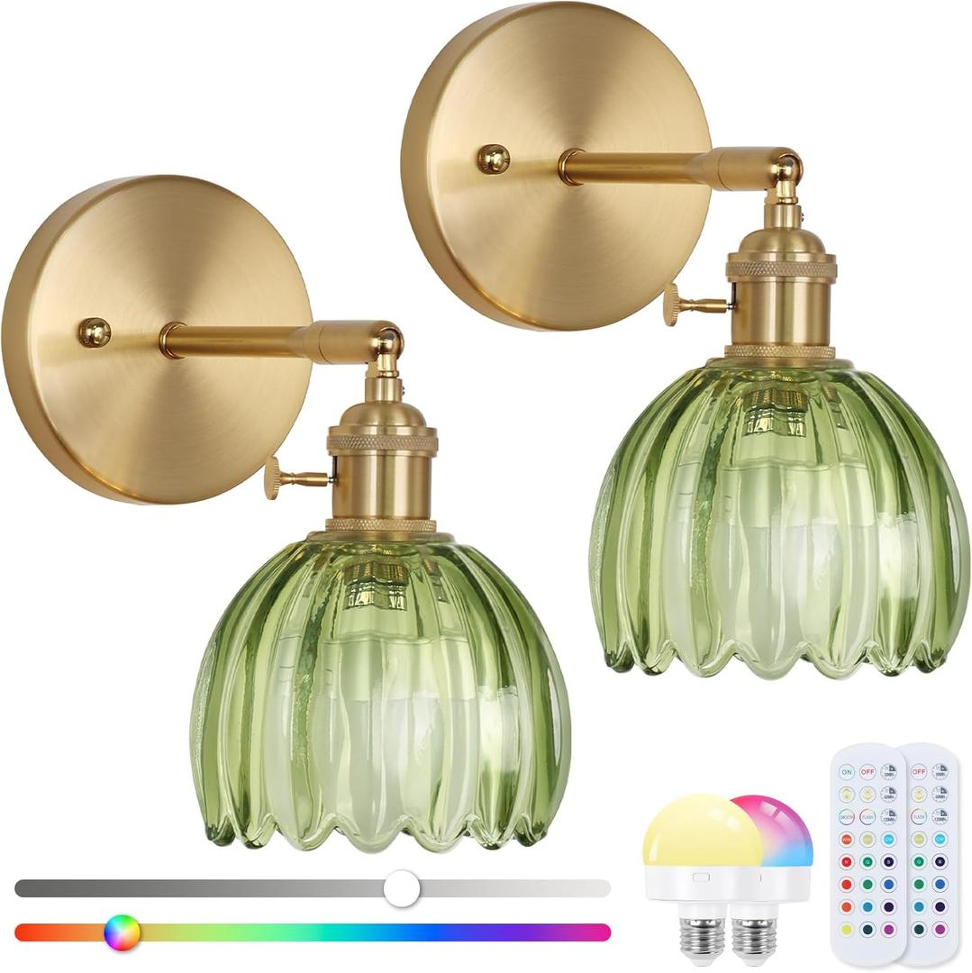 Vintage Wall Sconce Set of Two, Battery Operated Wall Sconce with Deep Green Tulip Glass Lampshade Rechargeable Wall Light with Remote Control for Bedroom,Living Room, Hallway, Aisle
