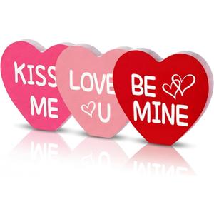 Yalikop Valentine's Day Decoration Heart Wood Sign Love Wooden Sign Tabletop Centerpiece Romantic Wooden Freestanding Valentines Table Decor for Valentine's Day Wedding, Red, Rose Red and Pink