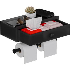 Double Toilet Paper Holder with Shelf,Wall Mount/Adhesive Matte Black Toilet Paper Holder,Wipes Dispenser for Bathroom,Wood Toilet Roll Holder with Storage Drawer (Large)