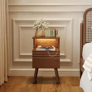 Nightstand with Charging Station, 3 Color Dimmable LED Lights, 1 USB Ports and 2 AC Outlets, Flip-Down Storage Door, Bedside Table for Bedroom (Walnut 14.2")