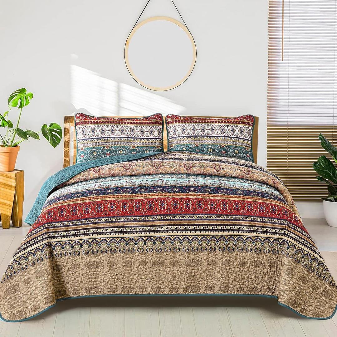 WONGS BEDDING Boho Queen Quilt Set, Green and Brown Bohemian Queen Quilt Bedding Set, Lightweight Microfiber Bed Decor Bedspread for All Season 96"x90"(3 Pieces)