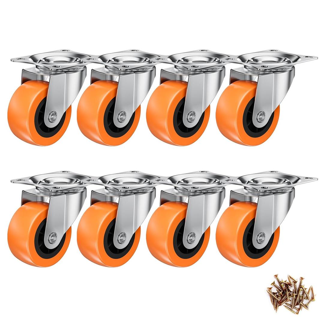 1.5 Inch Casters, ASHGOOB Caster Wheels/Casters Set of 8, 360 Swivel Universal Plate Caster Wheels for Storage Box/Small Furniture/Kitchen Appliances, Orange Polyurethane (PU) Castors (8 Pack)