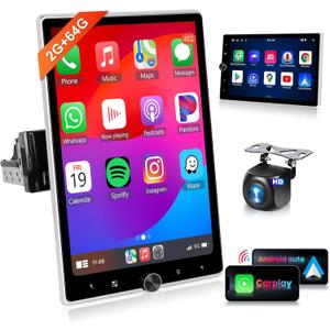 Motorized 2G+64G Single Din Radio with Wireless Carplay -10.4inch HD Vertical Rotatable Touch Screen- Wireless Android Auto FM/RDS EQ GPS Bluetooth with WiFi 50UIs USB MirrorLink Backup Camera