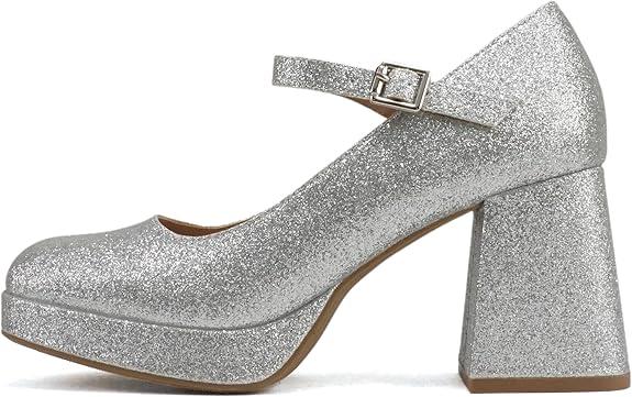 Women Square Toe Mary Jane Platform High Chunky Flare Heel Pump Shoe with Adjustable Ankle Strap