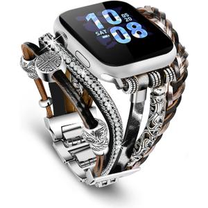 Compatible with Apple Watch Band 40mm for Women, Boho Bracelet for Apple Watch 38mm 41mm, Multilayer Leather Wrap Braided Strap for iWatch Series 10(42mm) Leopard Black