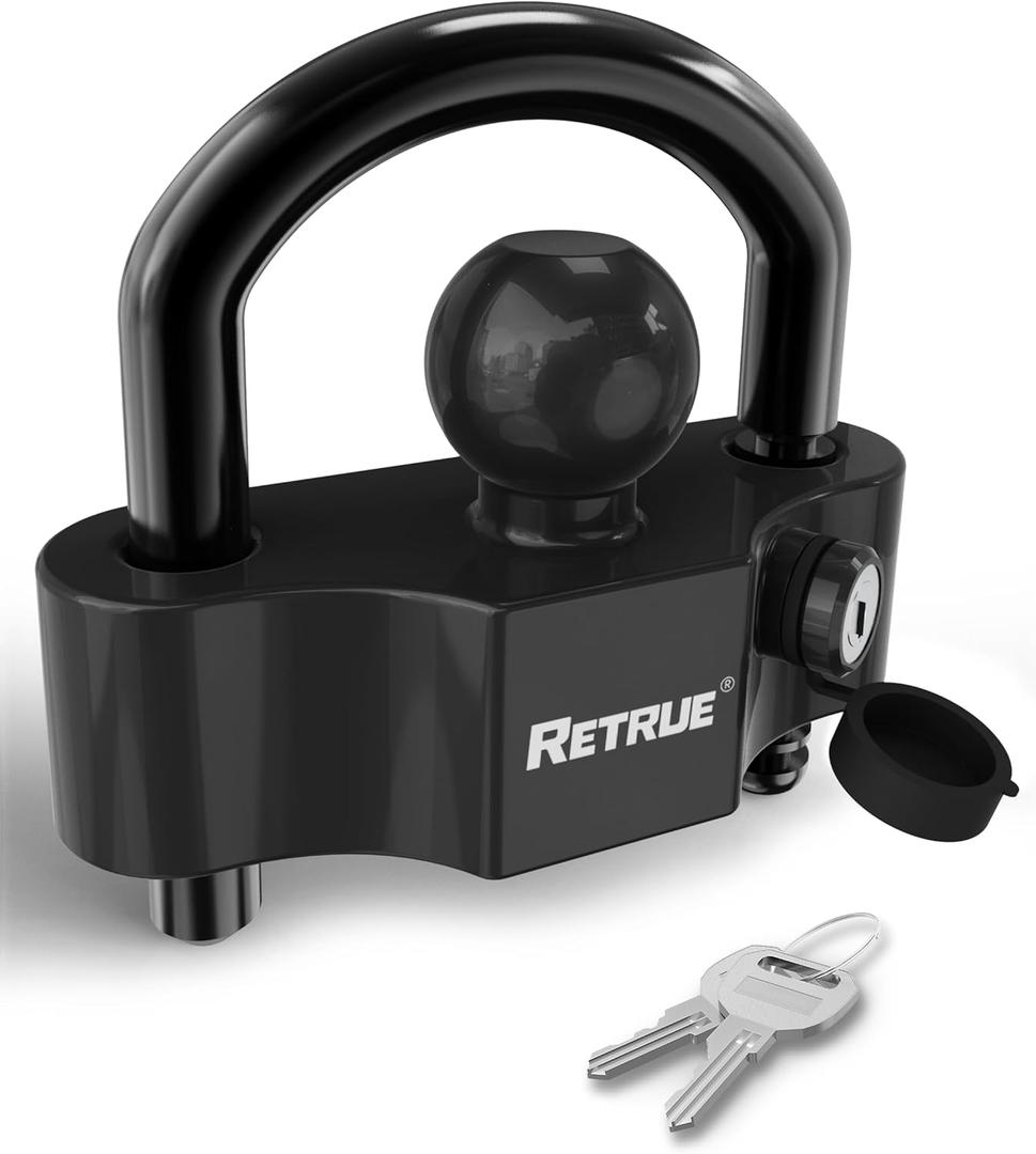 RETRUE Universal Coupler Lock Trailer Locks Ball Hitch Trailer Hitch Lock Adjustable Security Heavy-Duty Steel Fits 1-7/8 Inch, 2 Inch, 2-5/16 Inch Couplers Black