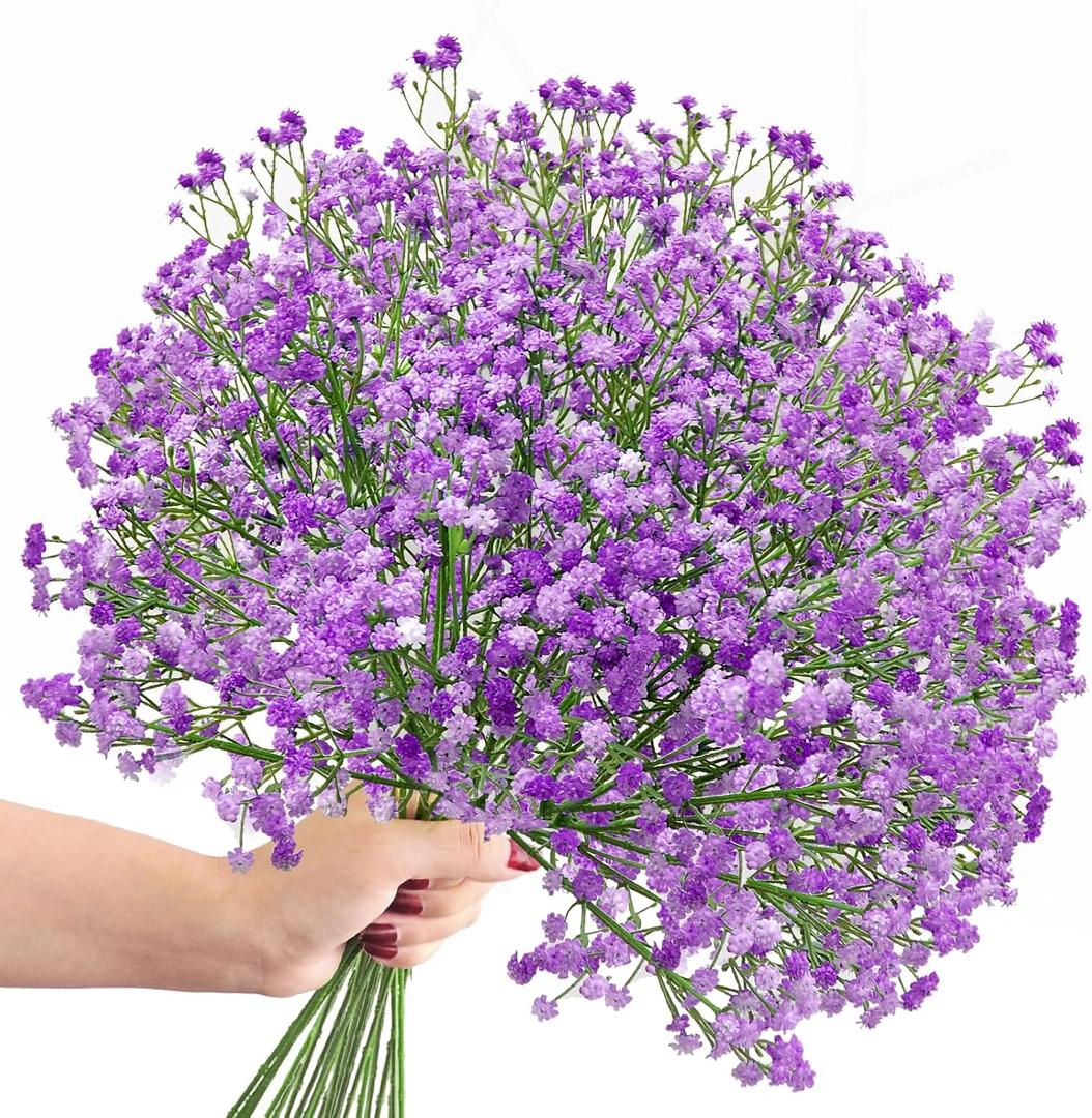 Babys Breath Artificial Flowers, Fake Gypsophila Babies Breath Real Touch Flowers for Wedding, Bouquet Floral Arrangement Party Home Decor Garden Decoration (24pcs, Purple)