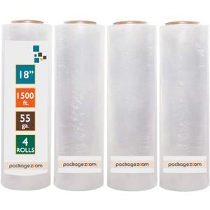 PackageZoom 4 Rolls 18" x 1500 Ft Stretch Wrap Heavy Duty, Industrial Strength Shrink Wrap, 55 Gauge High Performance Stretch Film Replaces 80 Gauge Low Films, Clear Hand Stretch Wrap