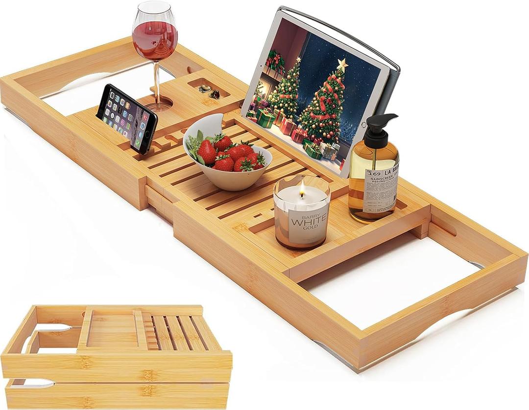 Foldable Bamboo Bathtub Caddy Tray Expandable for Luxury Bath, Bath Accessories & Table with Wine Glass Holder, Book Stand Bathroom Organizer with Extending Sides for Men/Women (Natural)
