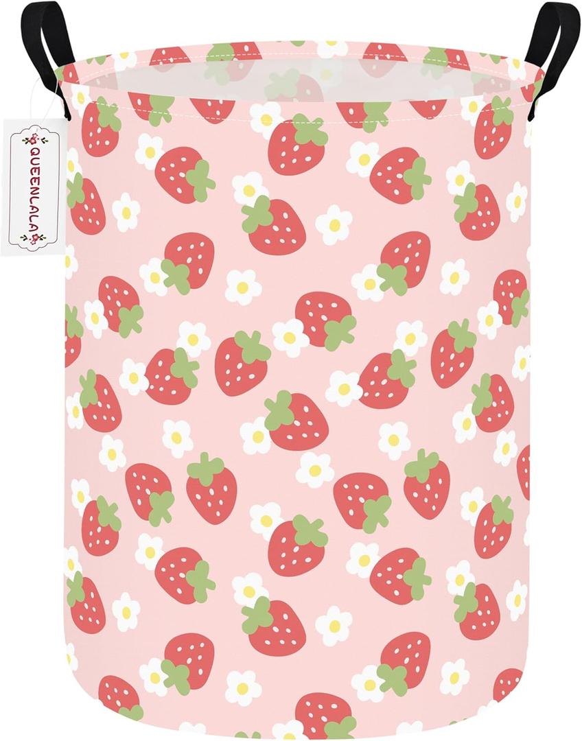 QUEENLALA Large Storage Basket,Laundry Hamper/Bathroom/Home Decor/Collapsible Round Storage Bin,Boys and Girls Hamper/Boxes/Clothing(Round-Pink Strawberry)