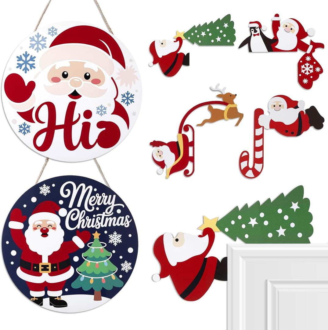 Novabright 2025 6 Pcs Christmas Door Decorations 2 Pcs Wooden Xmas Hanging Sign & 4 Pack Xmas Door Topper Frame Santa Claus Merry Christmas Sign Deer and Penguins Cabinet Corner Decor