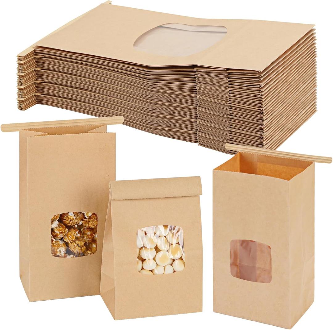Moretoes 100pcs Small Bakery Cookie Bags with Window, Brown Kraft Paper Bags for Homemade Bread Cookie, 3.5x2.2x6.7in Tin Tie Tab (Mini)