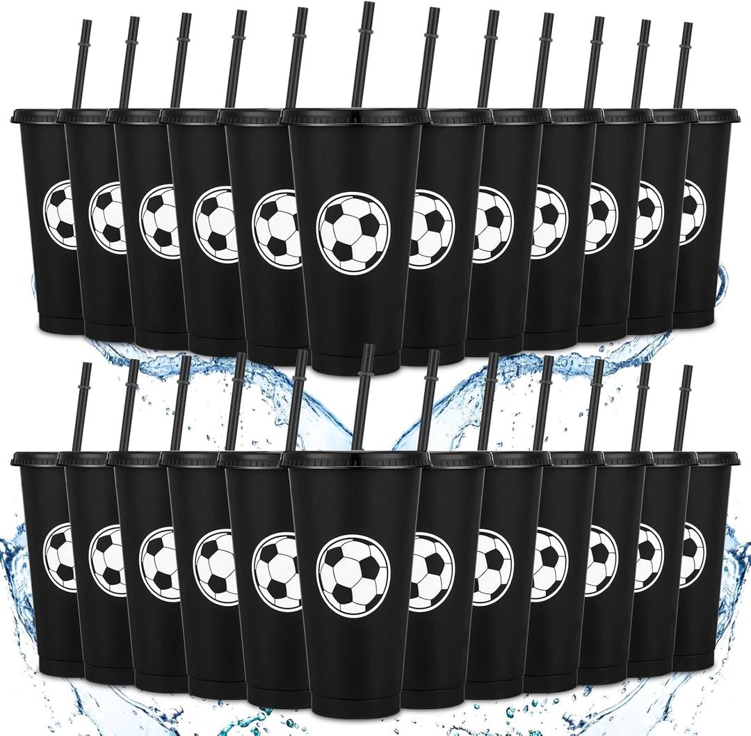 Domensi 24 Pcs Sport Soccer Plastic Cups with Lid and Straw 24 oz Reusable Plastic Cups Coffee Tumblers Gift for Fan Friend Guest Birthday Office Sport Party Supplies (Black)