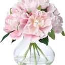 Pink Peony Bouquet in Glass Vase - 6 Piece Artificial Flower Arrangement with Faux Water for Wedding & Home Centerpieces